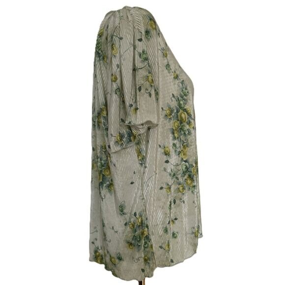 Y2K Satin Micro Pleated Top Size XL Green Floral V Neck Vintage - Picture 3 of 6